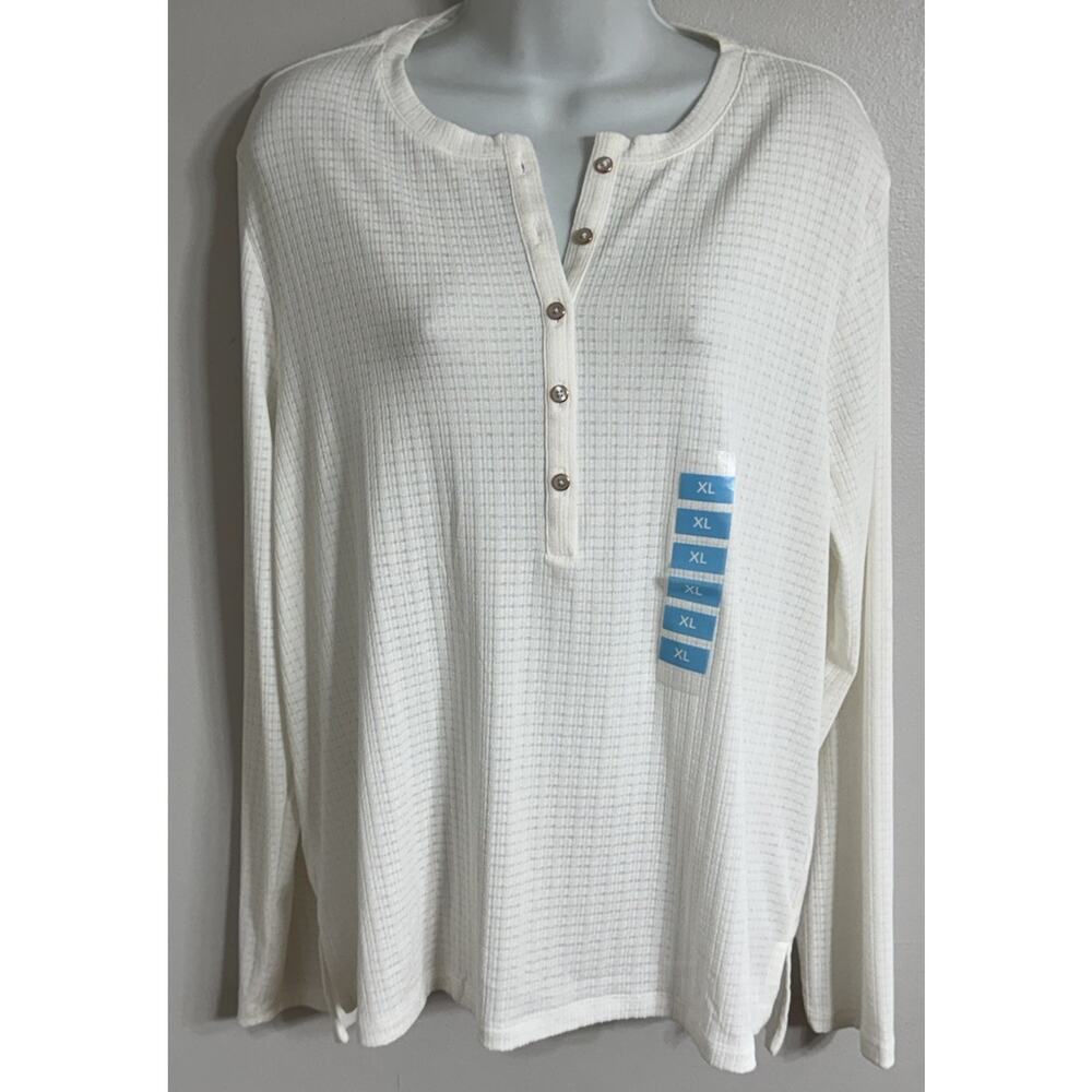 Gloria Vanderbilt Shirt Textured Henley Long Sleeve Womens XL White Stretch NEW